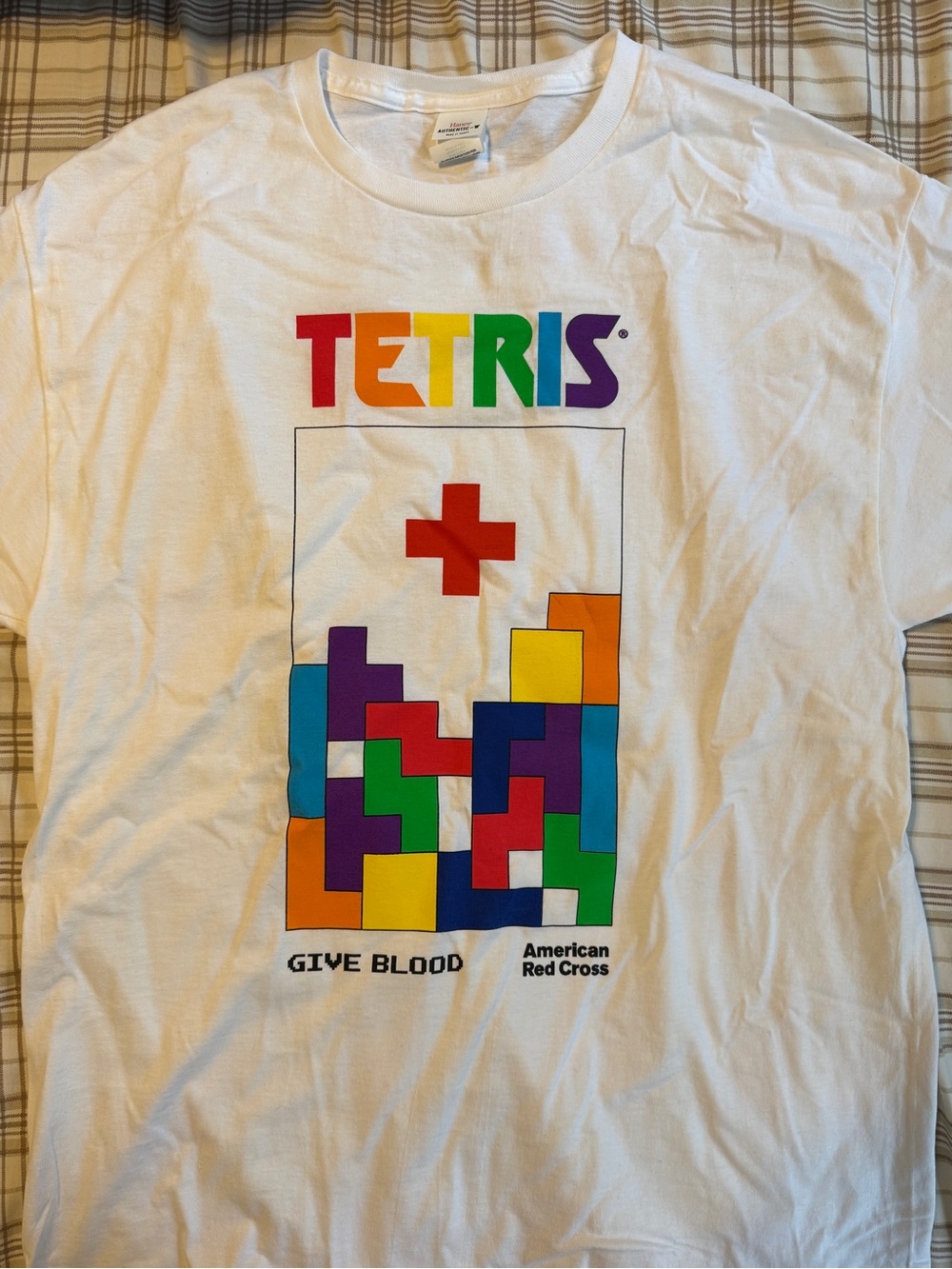 Hanes White Tetris Tee with Multicolor Block Graphic and Red Cross